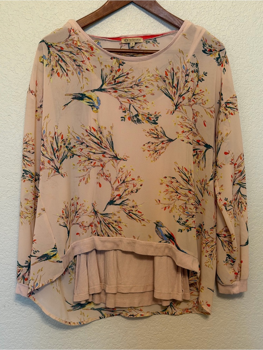 Democracy Pink/Peach Floral Bird Print Long Sleeve Two Piece Blouse Top Medium - Picture 13 of 14